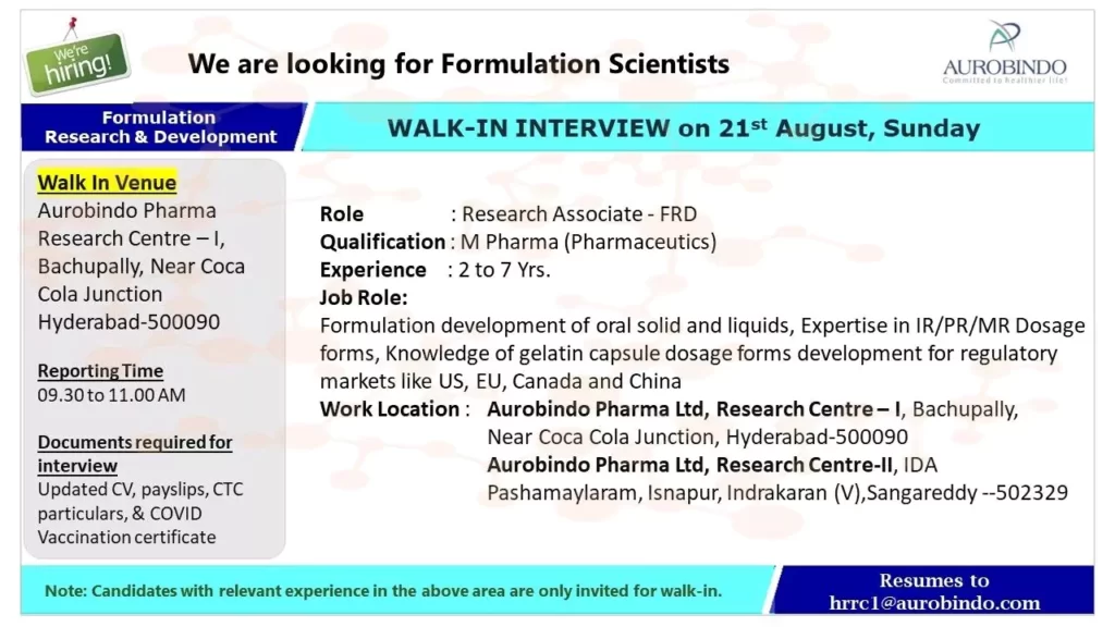 Aurobindo Pharma Hiring FR&D Research Associate - Formulation Scientists