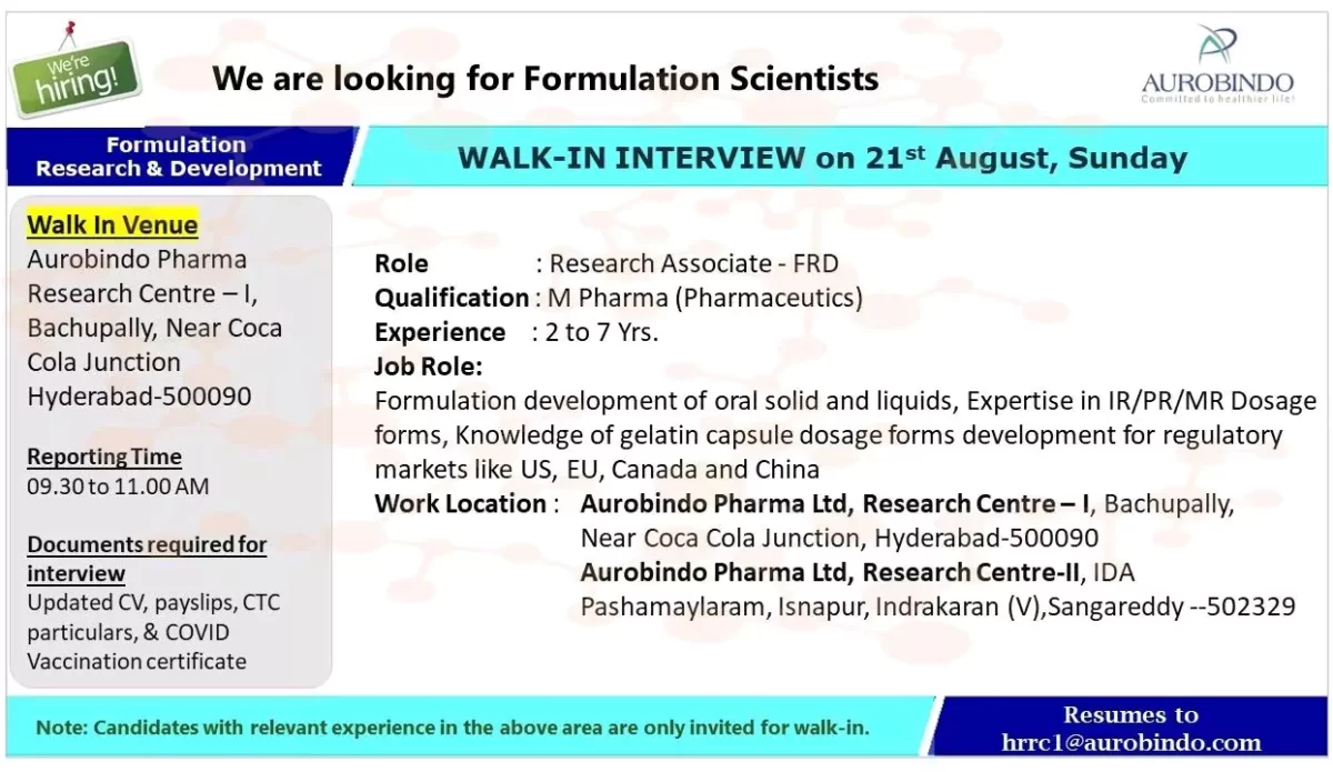 Aurobindo Pharma Hiring FR&D Research Associate - Formulation Scientists