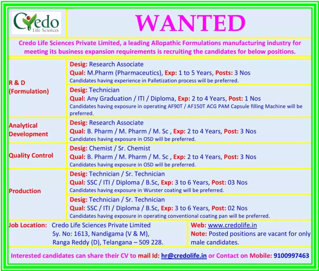 Credo Lifesciences - R&D, Analytical Development, QC, Production Vacancies Credo Lifesciences - R&D, Analytical Development, QC, Production Vacancies