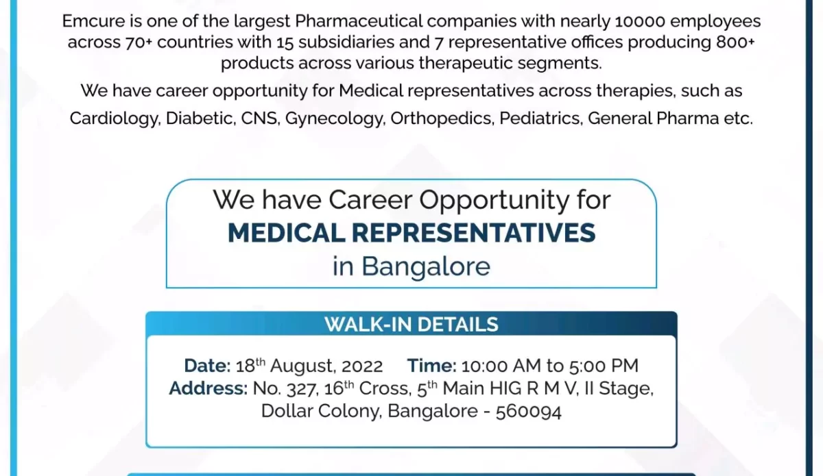 Emcure Pharmaceuticals - Medical Representative Openings - Bangalore