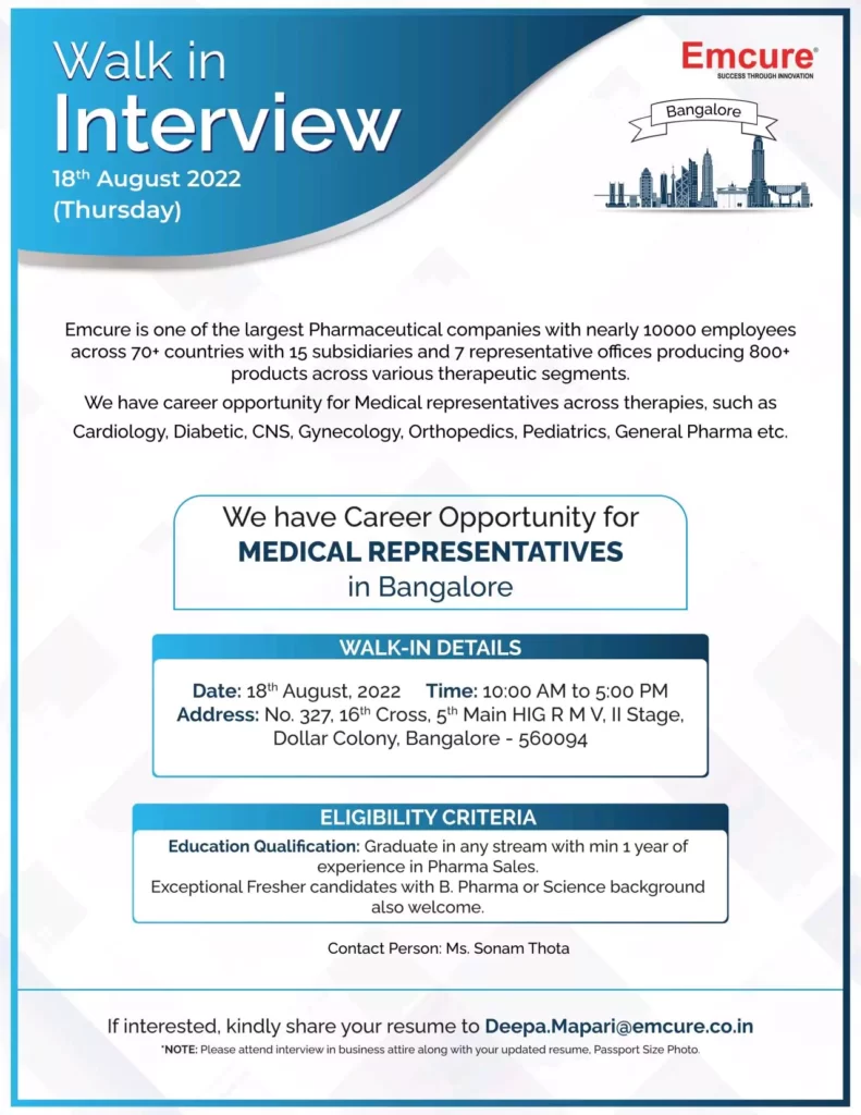 Emcure Pharmaceuticals - Medical Representative Openings - Bangalore