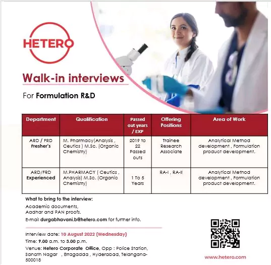 Hetero walk in - Formulation R&D (ARD / FRD) - Fresher & Experience