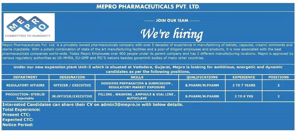 Regulatory affairs & Production Vacancies - Mepro Pharmaceuticals