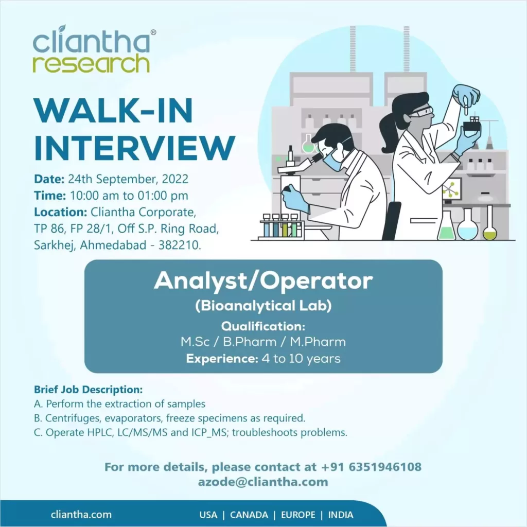 bioanalytical lab analyst operator vacancies cliantha re8375702391719825288