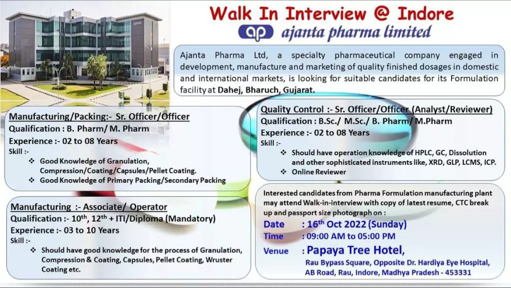Ajanta Pharma Openings; production ( Manufacturing & packing), Quality Control