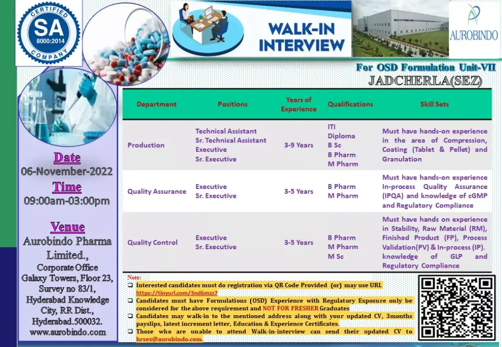 Aurobindo Pharma walk in - Production, QC, QA 1 aurobindo pharma walk in production qc qa