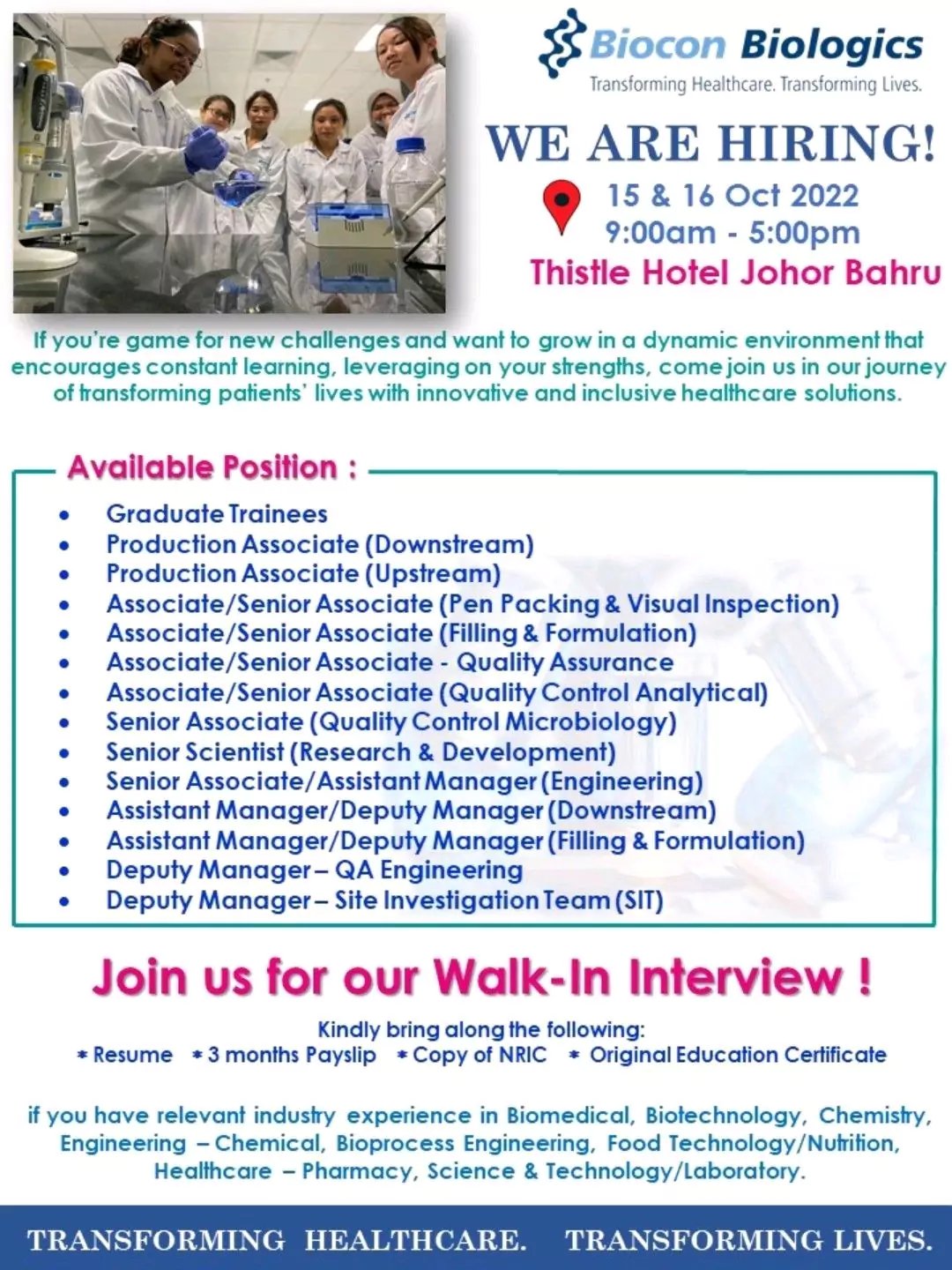 Biocon Biologics Conducting Walk in interview for Multiple Positions