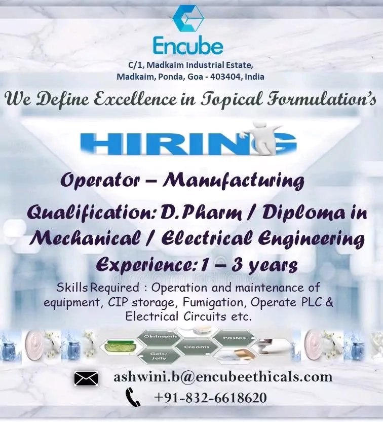 Encube Ethicals job openings in Goa for Manufacturing 