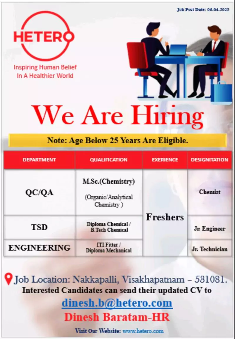Hetero fresher jobs Quality Assurance, quality control, engineering, and TSD Departments.