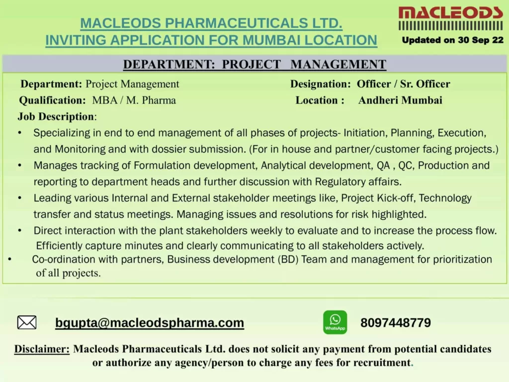 project management job vacancies at mumbai macleods pharma4161841998494453394