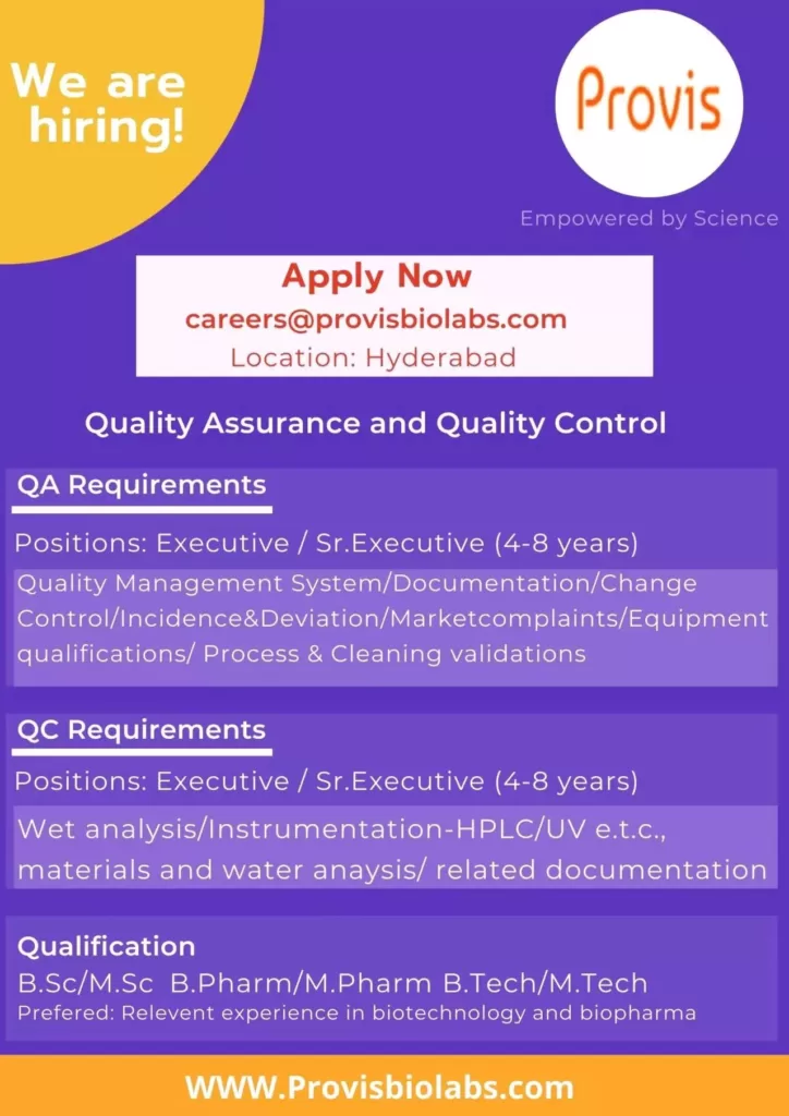 Provis Biolabs Hiring Quality Control & Quality Assurance Professionals 1 provis biolabs jobs hyderabad6188370652229871408 Provis Biolabs Hiring Quality Control & Quality Assurance Professionals