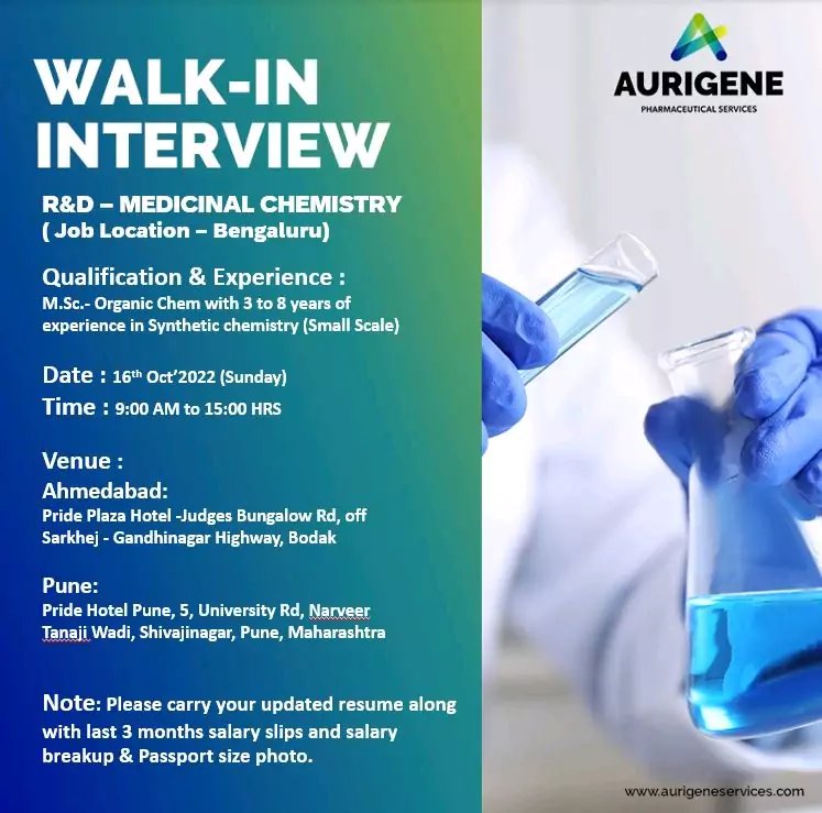 rd medicinal chemistry walk in interview aurigene3944527884175008804