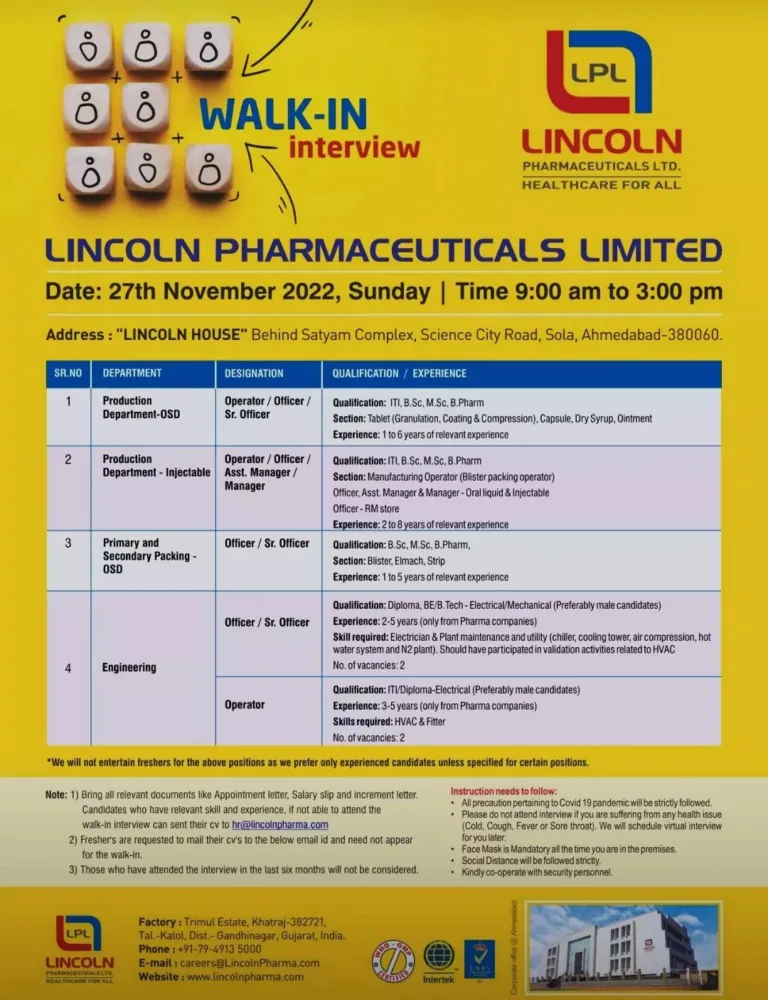 lincoln pharmaceuticals conducting walk in interview7574976344949523576 Today Pharma Jobs