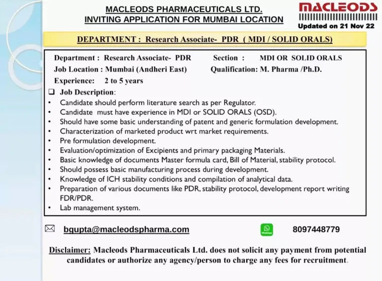 macleods pharmaceuticals inviting applications for research822772832007507418 Today Pharma Jobs