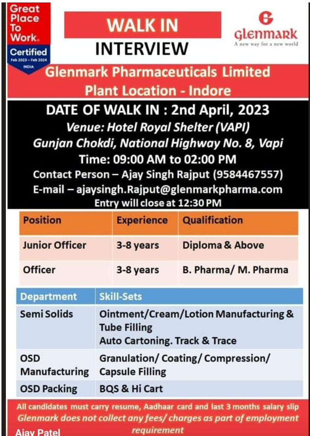 Glenmark Pharmaceuticals Limited Walk-In Interviews for Junior Officer and Officer