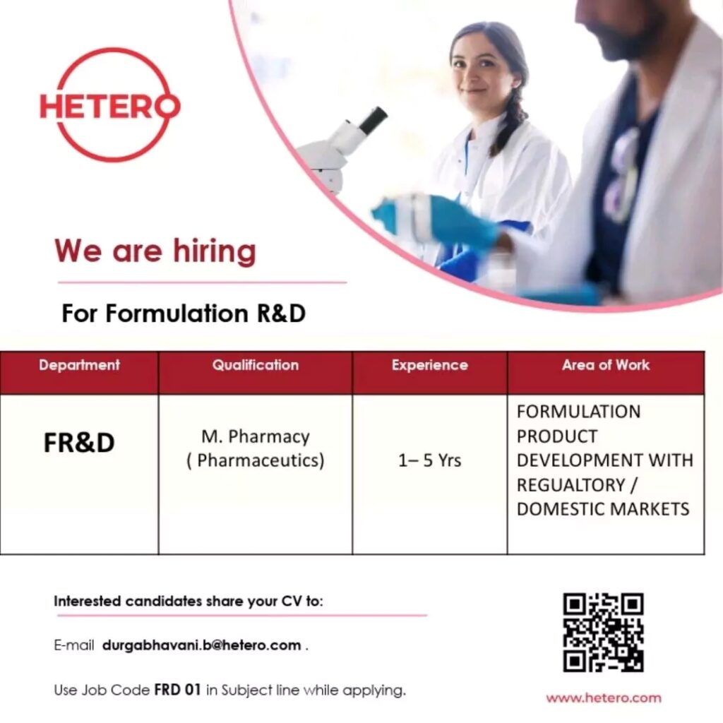 Hetero hiring FR&D, Production Chemist/ Executive positions