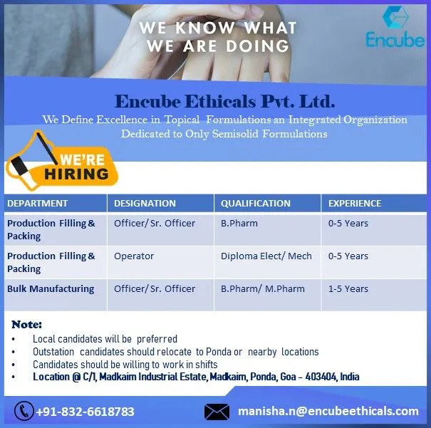 Encube Ethicals Pvt. Ltd. is Hiring Freshers and Experienced Candidates for Production, Manufacturing, and Packing Department in Goa
