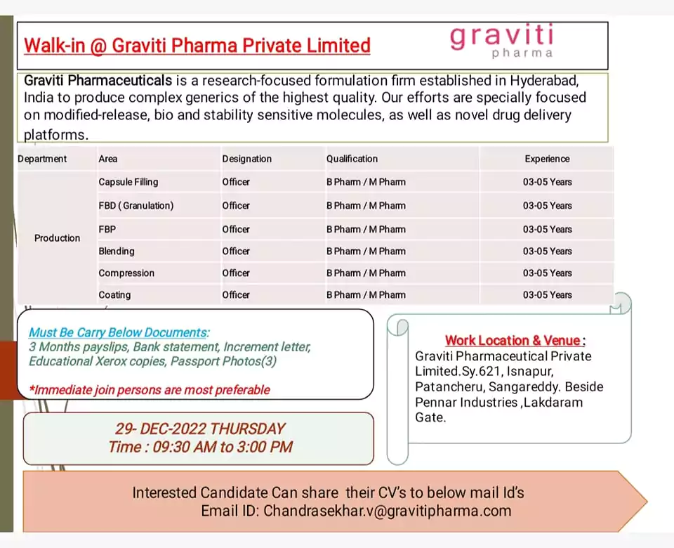 Graviti Pharma Private Limited walk in interview on 29th December for Multiple job Openings; Immediate Requirement