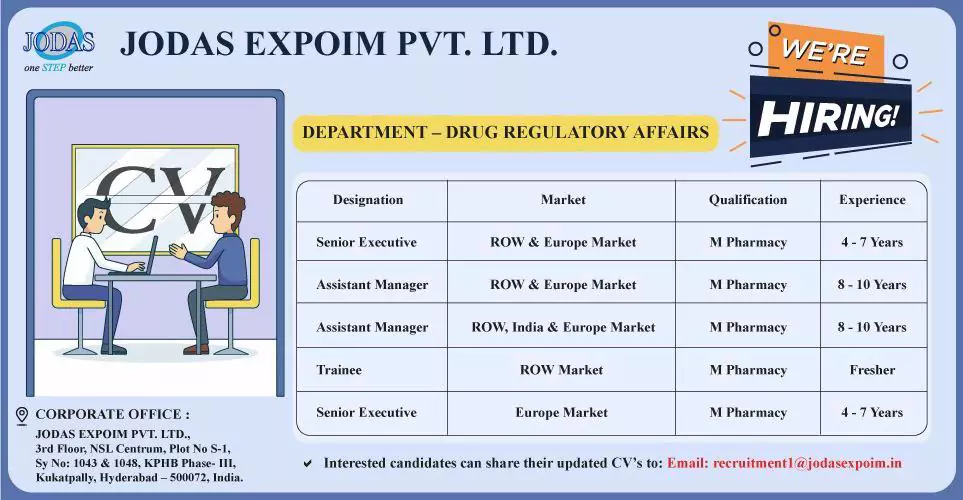 Jodas Expoim Regulatory affairs Job openings in Hyderabad for Freshers and Experience Candidates