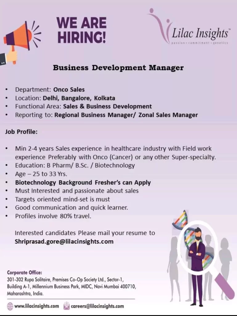 Lilac Insights Hiring for B PHARMACY ,BSC , Biotechnology candidates (Freshers also consider) @ Navi Mumbai