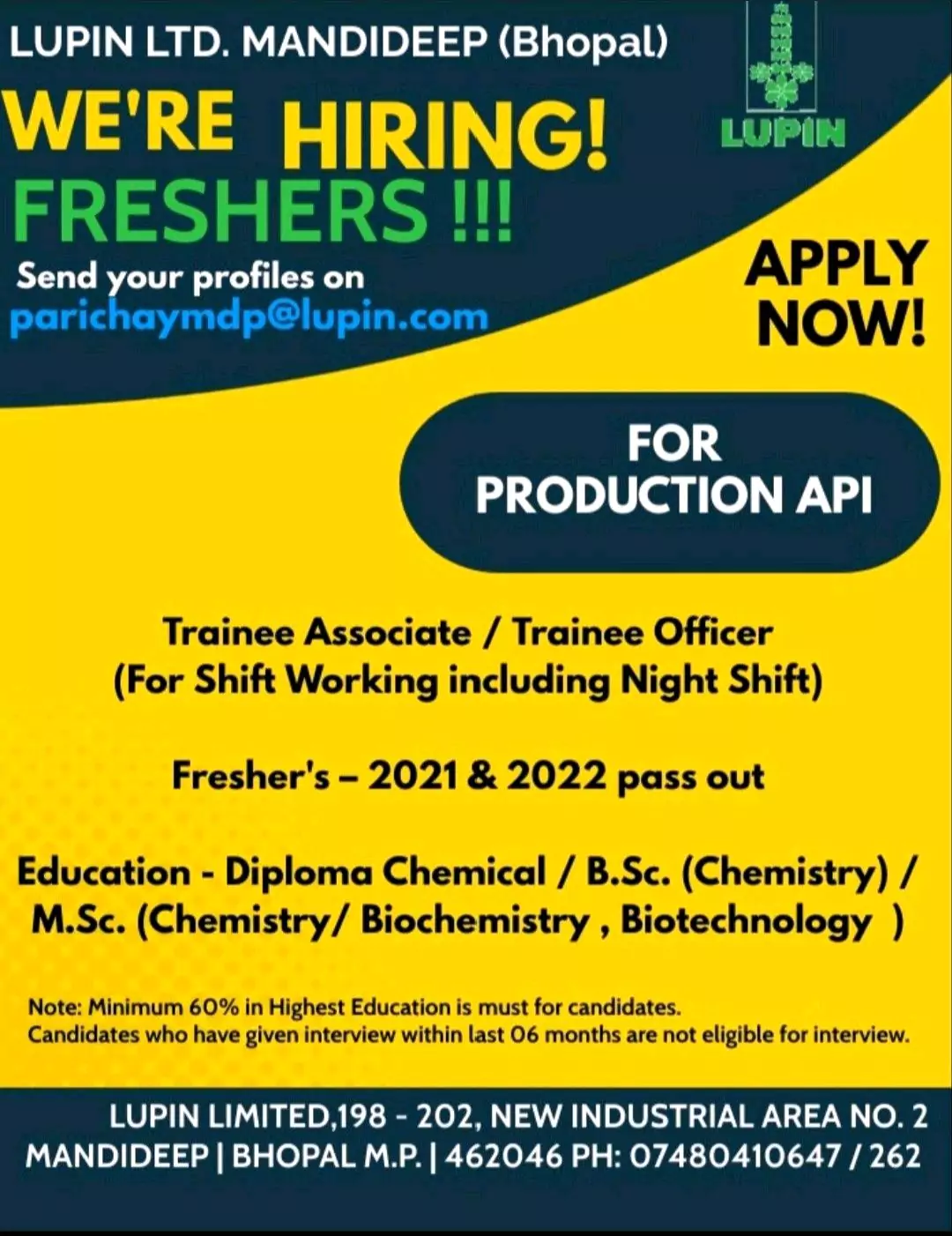 Lupin Pharma Hiring for Diploma Chemical ,BSC (Chemistry), MSC (Chemistry, Biochemistry, Biotechnology) candidates