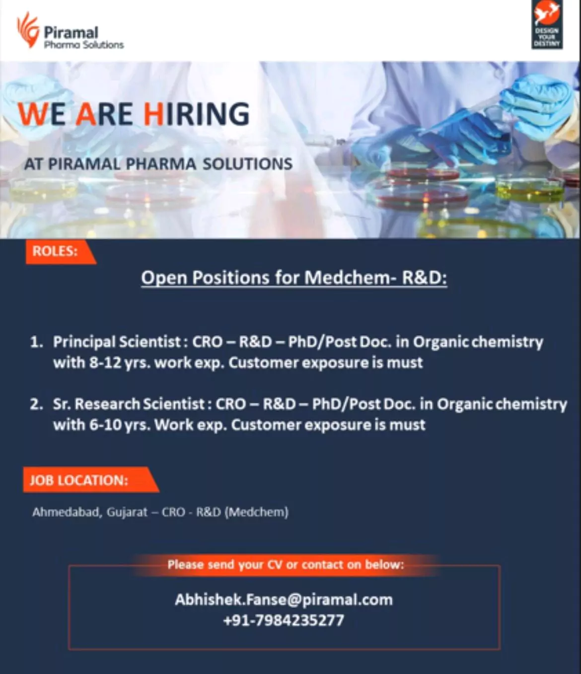 Piramal pharma solutions Open Positions for Medchem- R&D Research Scientists