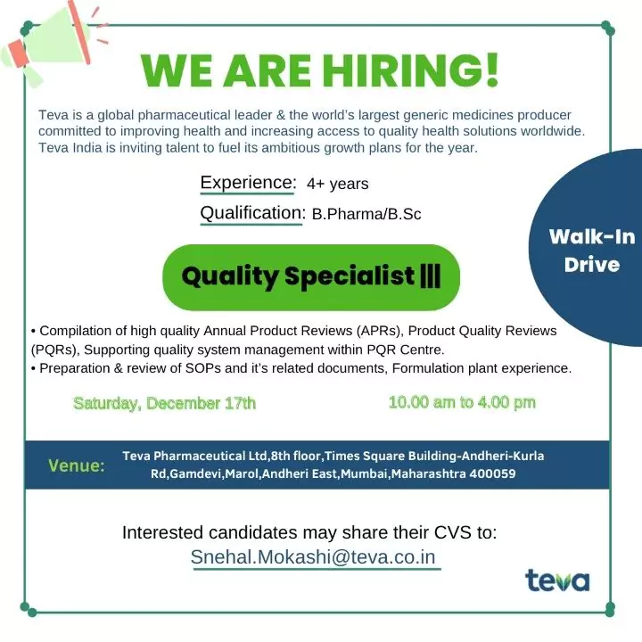 teva pharma walk in interview for quality specialists