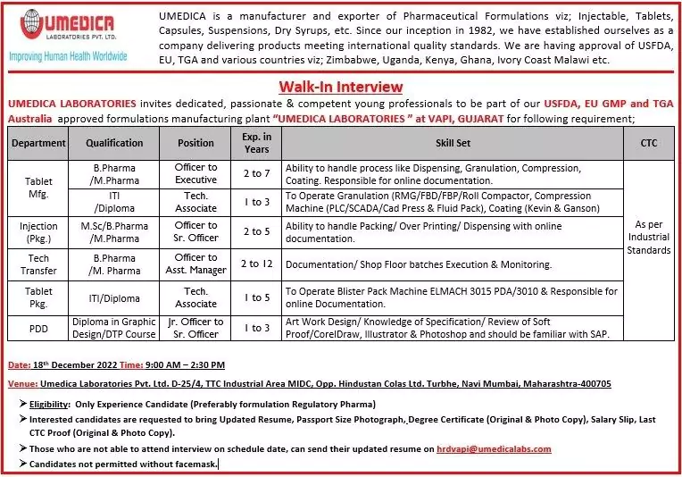 Umedica Laboratories Walk-in interview for manufacturing, Packing, Tech Transfer, PDD Department