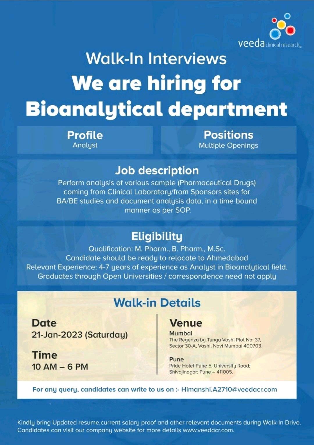 bioanalytical analysts multiple job openings - veeda clinical research walk in - ahmedabad