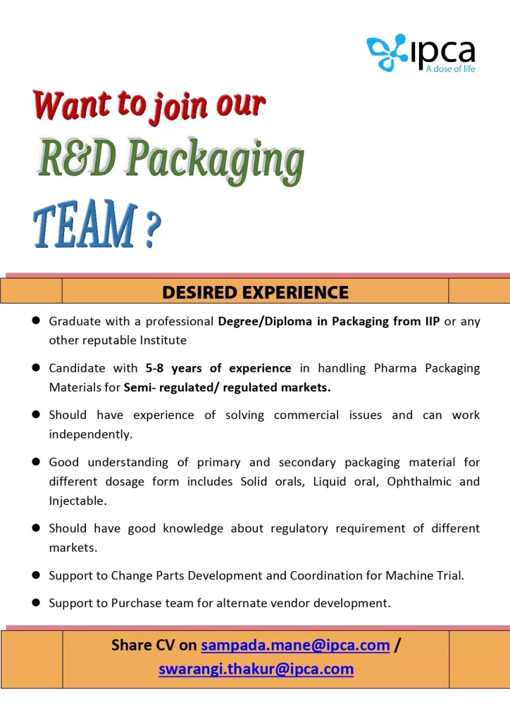IPCA laboratories hiring notification for R&D Packaging TEAM