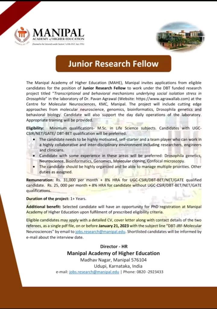 Manipal university Research fellow opportunity for lifescienses candidates/Remuneration: Rs. 31,000/-Manipal university Research fellow opportunity for lifescienses candidates/Remuneration: Rs. 31,000/-