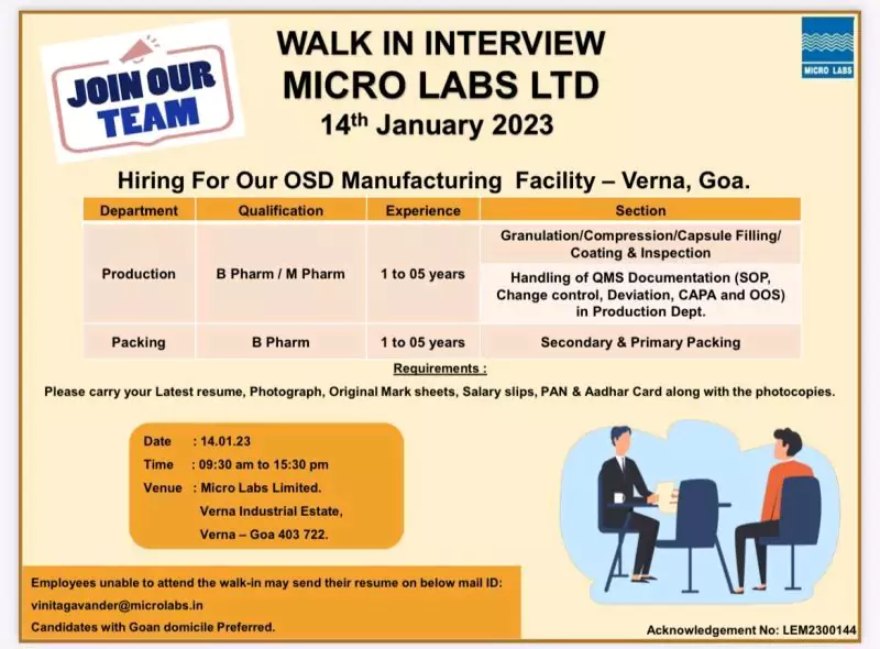 micro labs walk in interview for production and packing - OSD Manufacturing facility