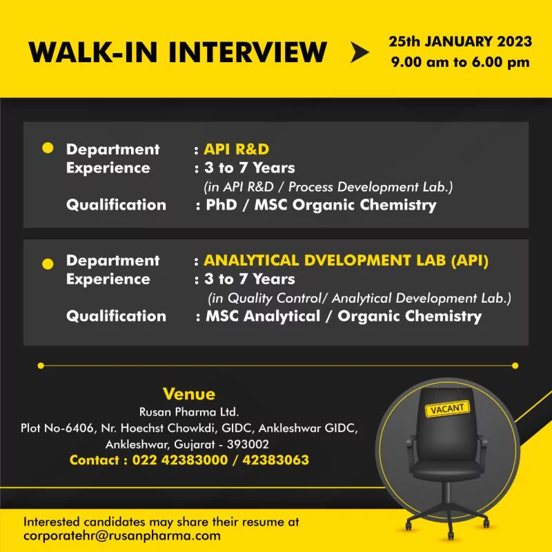 rusan pharma jobs - walk in interview for analytical development lab, research and development (API)