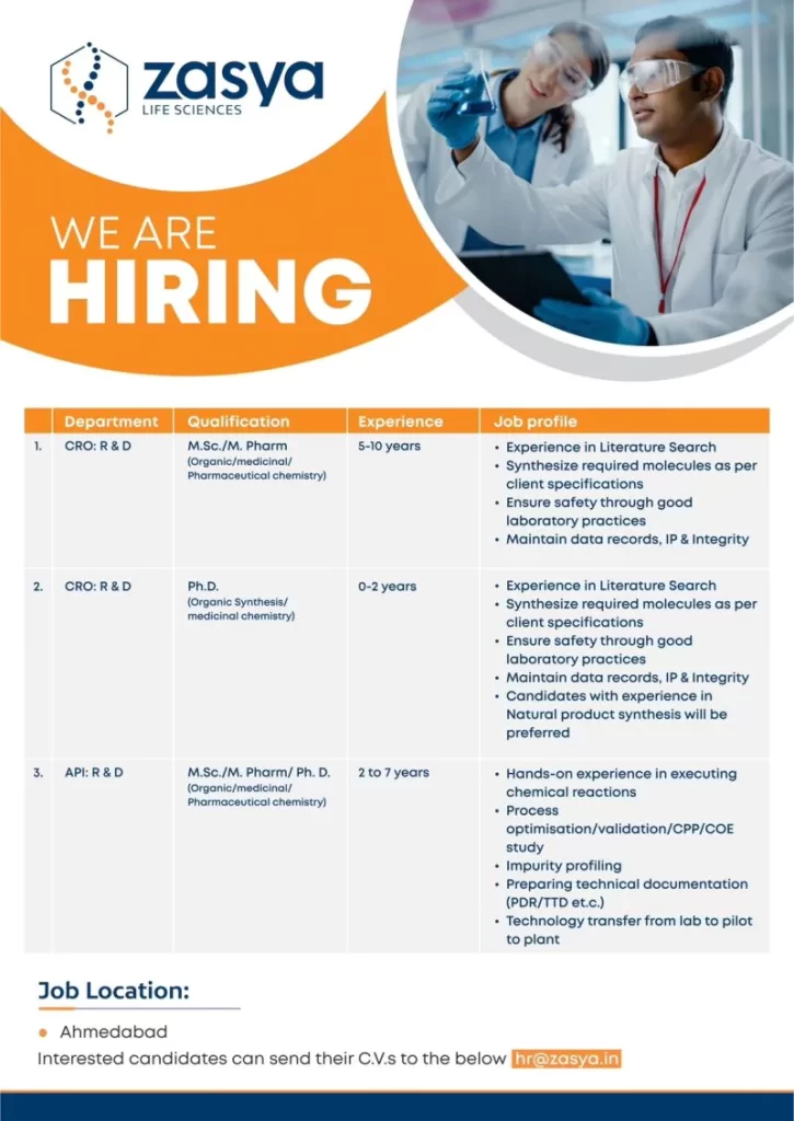 Zasya Lifescienses CRO research and development fresher and experience job openings in ahmedabad