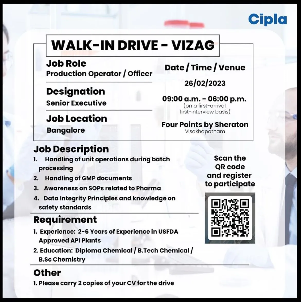 Career at Cipla - Vizag Walk-in Drive for production operators, officers 