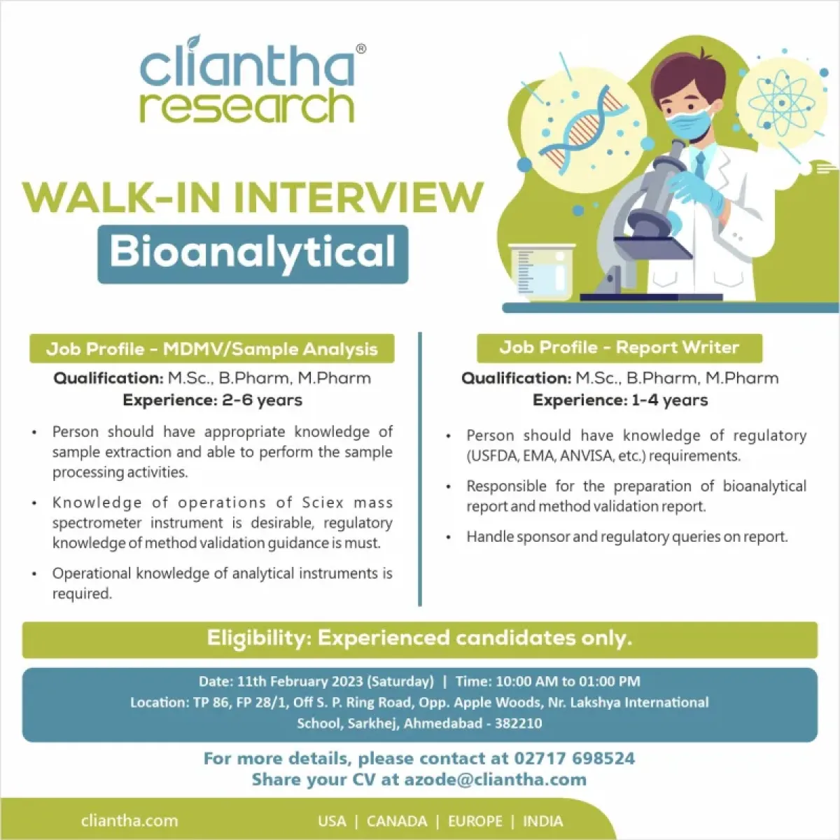 Cliantha Research jobs - Bioanalytical Report Writer and Sample Analysis