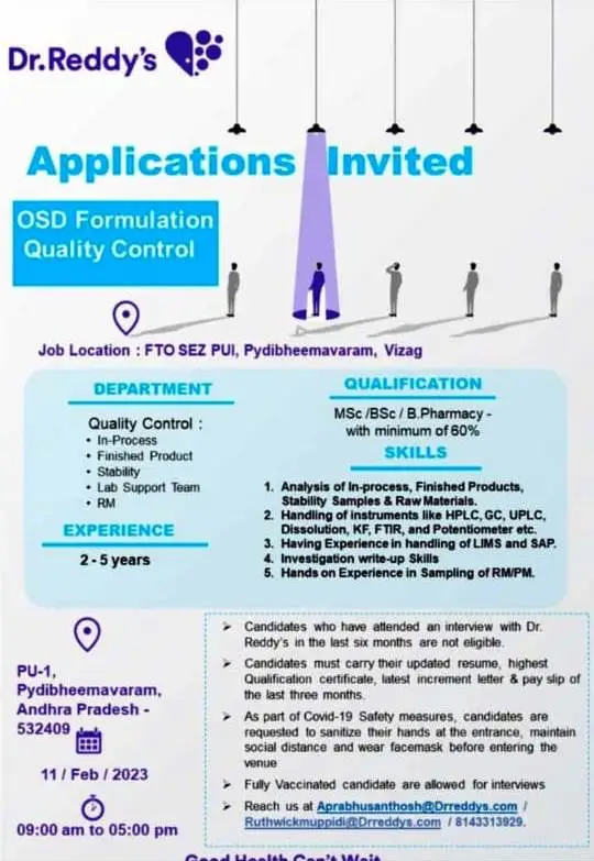 Dr.Reddy’s jobs in vizag – Walk-In Interviews for OSD Formulation Quality Control