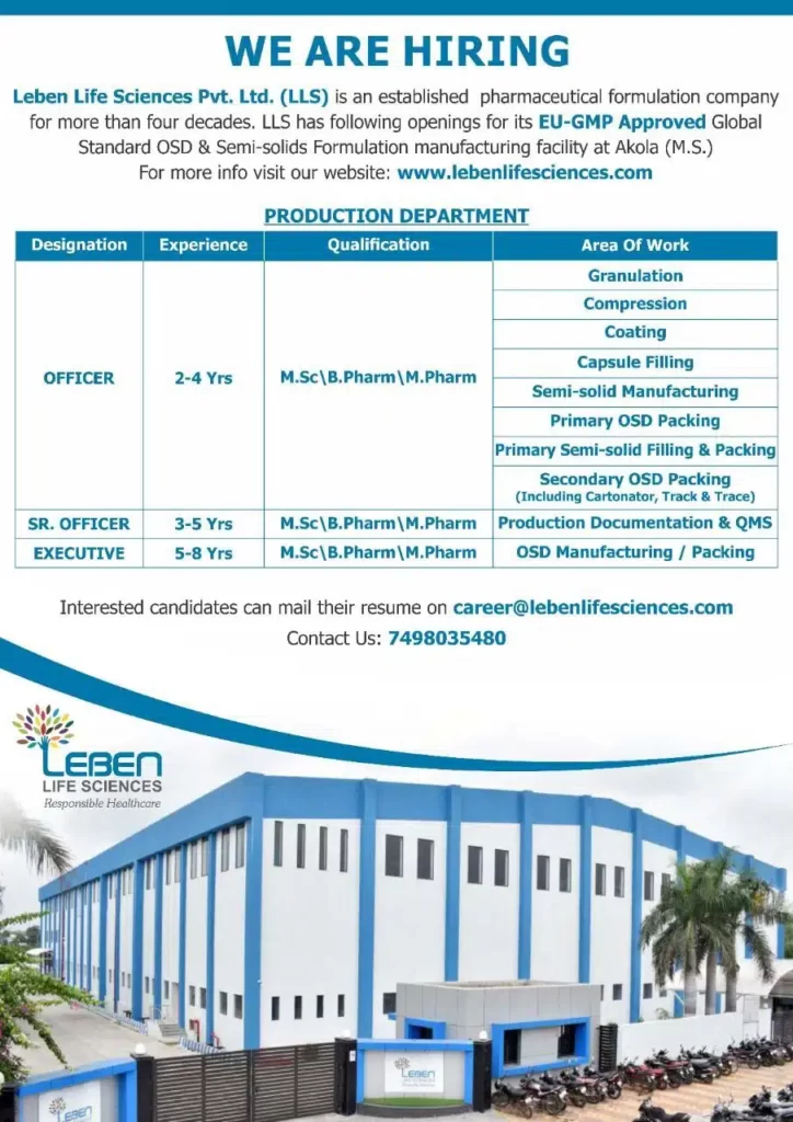 Leben Life Sciences jobs - Production officer, senior officer and executive