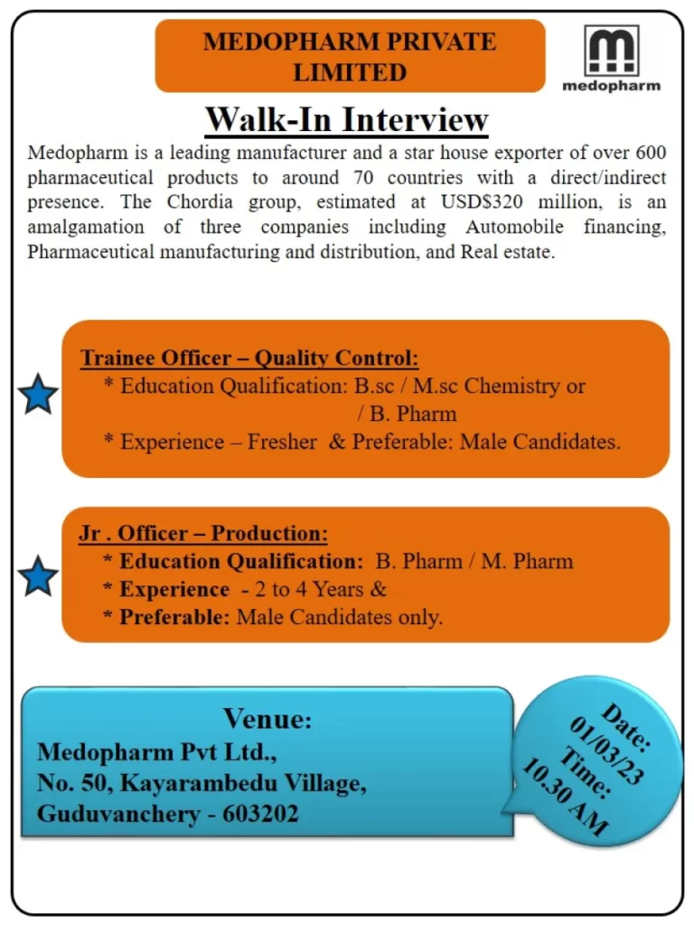 Medo pharma jobs;Trainee Officer - Quality Control, Jr. Officer-Production