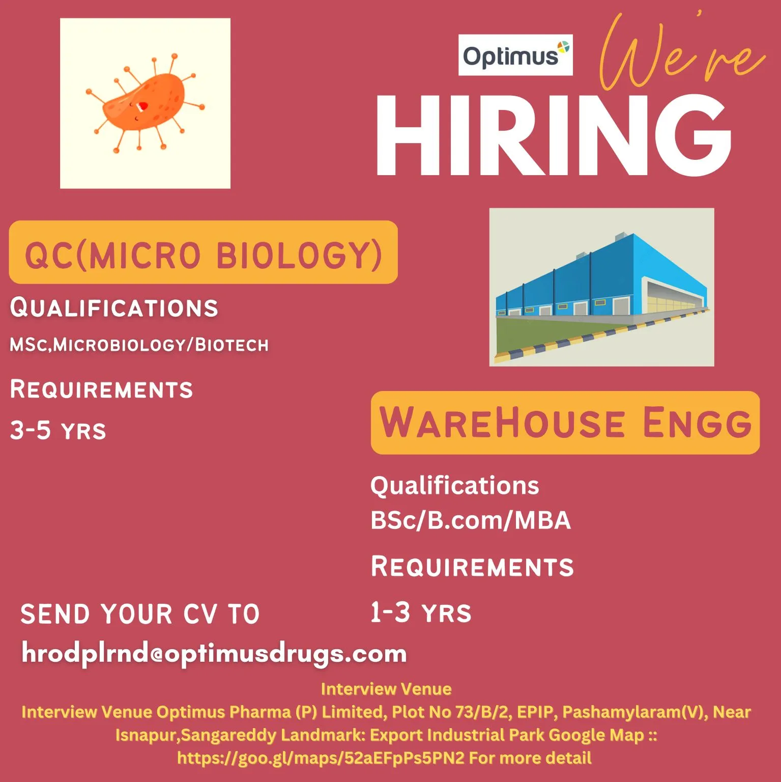 Optimus Pharma jobs - QC-Microbiology, Regulatory Affairs, Project Management and Warehouse