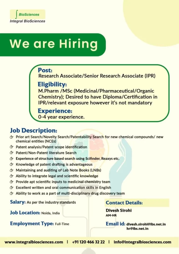 Research Associate/Senior Research Associate (IPR) job vacancies at Integral BioSciences