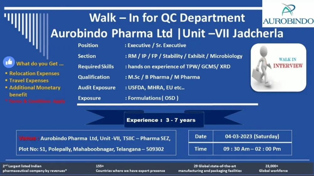 Walk-In for QC Executive / Sr. Executive at Aurobindo Pharma