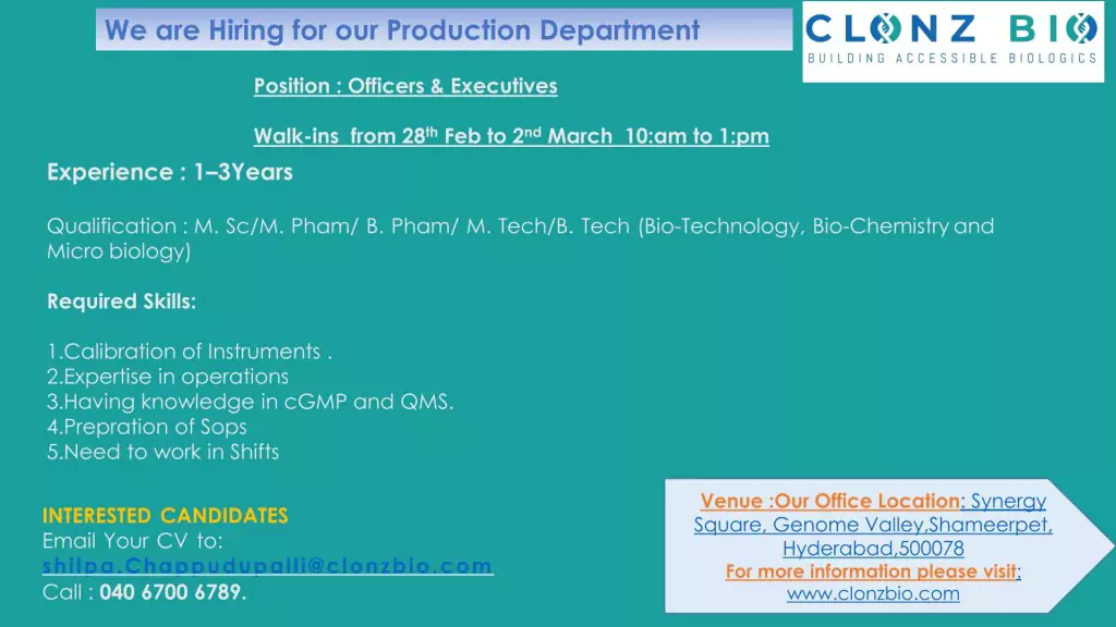 Job Opening for Officers & Executives in CLONZ BIO's Production Department 