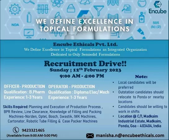 Encube Ethicals jobs - Walk-In Interviews for  Production Officer & Operator