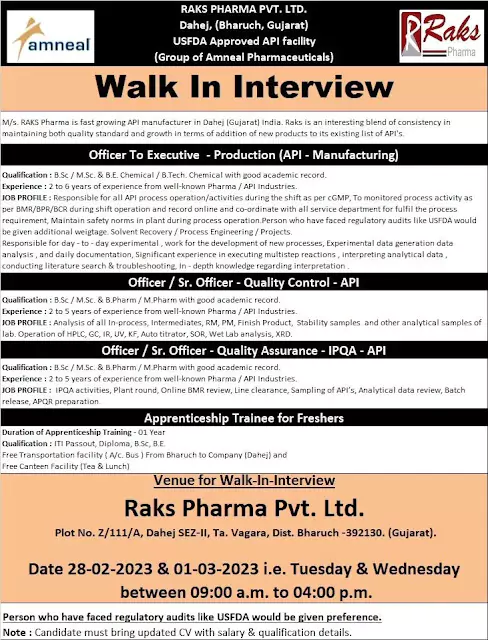 "Join Raks Pharma Dahej: Walk-in-Interview for Experienced and Freshers in Production, Quality Control, Quality Assurance, and Apprenticeship Training