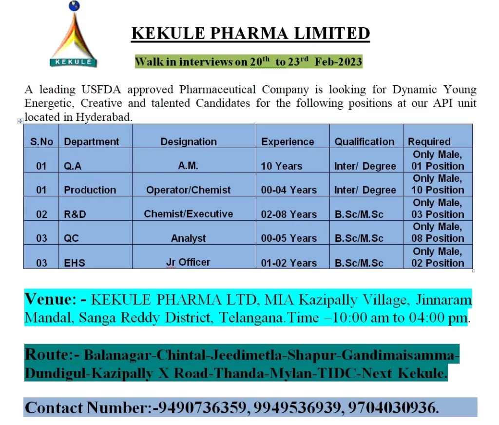 Kekule Pharma jobs - walk in for Production, QC, QA, R&D, EHS
