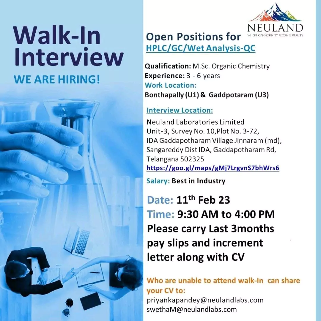 Neuland Laboratories jobs - Walk In Interview for HPLC, GC, Wet Analysis-QC