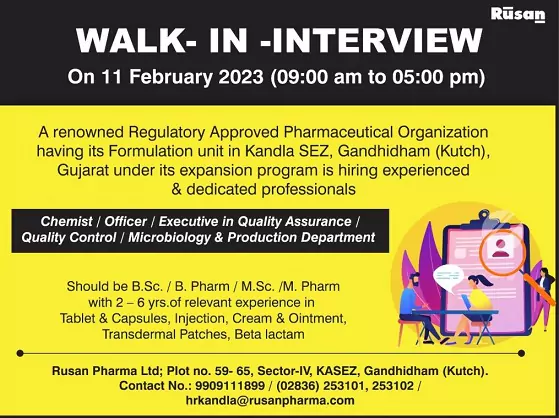 Rusan Pharma jobs - Walk-In Interview for Production, QC, QA and Microbiology