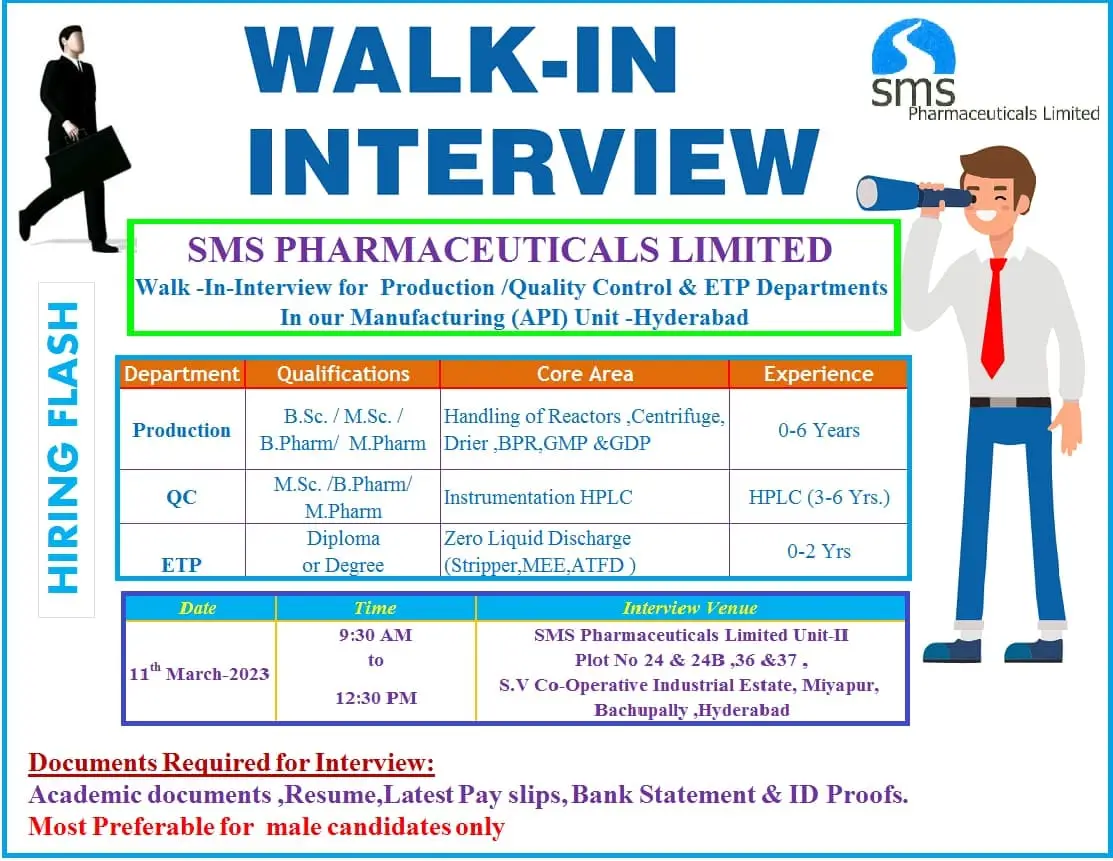 SMS Pharmaceuticals jobs – Walk in interview for Production & Quality Control 