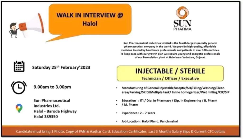 Sun pharma jobs - walk in interview for INJECTABLE / STERILE - Technician/Officer / Executive